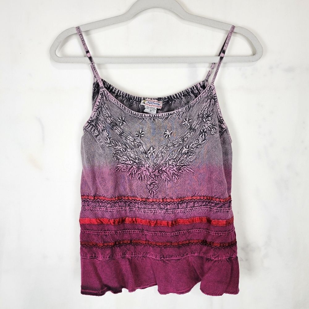 Vintage Made In India Embroidered Dip Dye Tie Back Boho Peplum Tank Top